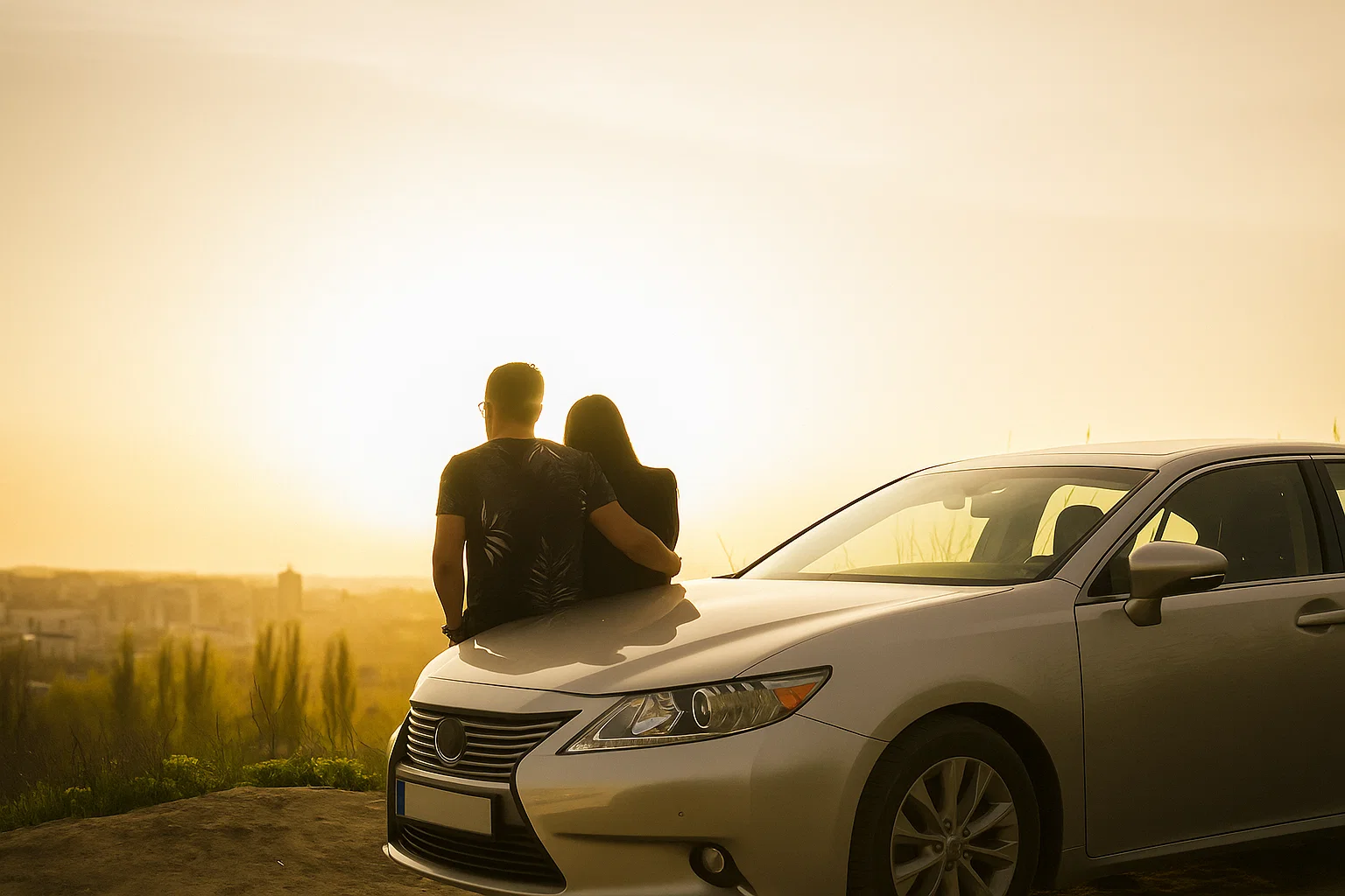 Pareja feliz con auto propio